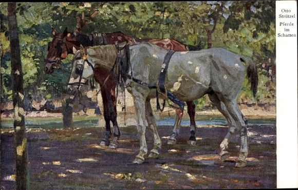 Artist PC Strützel, Otto, horses in the shade, brown and white horse