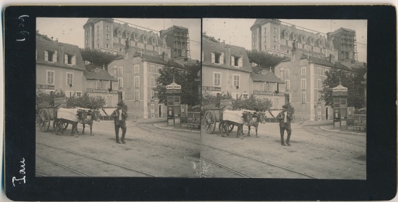 Stereo photo Pau Pyrénées Atlantiques, city view, cattle cart, 1909