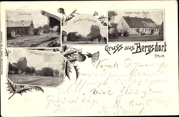 Postcard Bergsdorf Zehdenick in Brandenburg, schoolhouse, church, churchyard, street view, inn