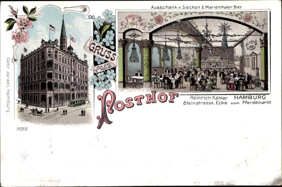 litho Hamburg Mitte Wilhelmsburg, Gasthaus Posthof, Steinstrasse, hoek Pferdemarkt, binnenaanzicht