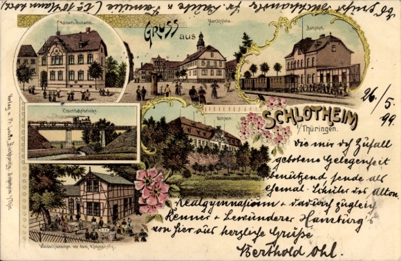 Litho Schlotheim in Thüringen, Bahnhof, Schloss, Postamt, Waldschlösschen, Eisenbahnbrücke