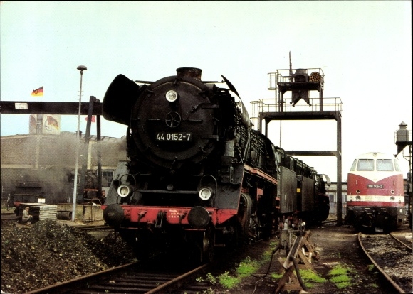 Postcard steam locomotive BR 44.00, 44 0152-7, in the Baltic Sea district, Rostock depot 1980