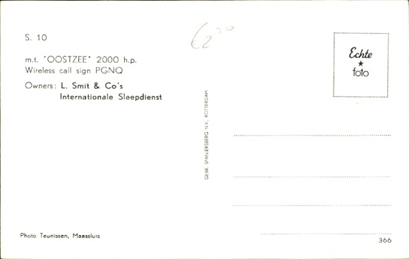 Postcard L. Smit & Co., MT Oostzee, International Sleep Service, Tugboat