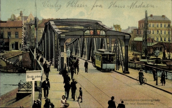 Ak Geestemünde Bremerhaven, neue Geestebrücke, Straßenbahn