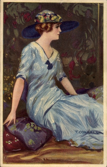 Artist Postcard Corbella, T., Young woman in fashionable dress, ladies hat