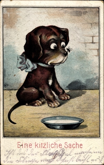 Artist Postcard A ticklish thing, dog with a bow tie on his nose