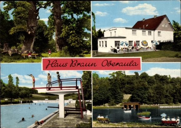 Postcard Oberaula in Hessen, Haus Braun, exterior view with terrace, swimming pool, waters with boats