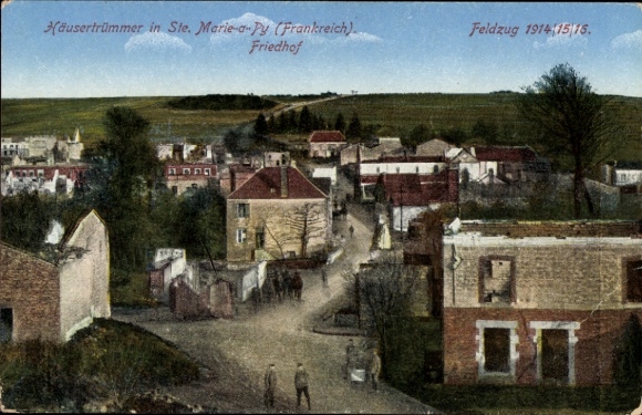 Ak Sainte Marie à Py Marne, Friedhof, Häusertrümmer