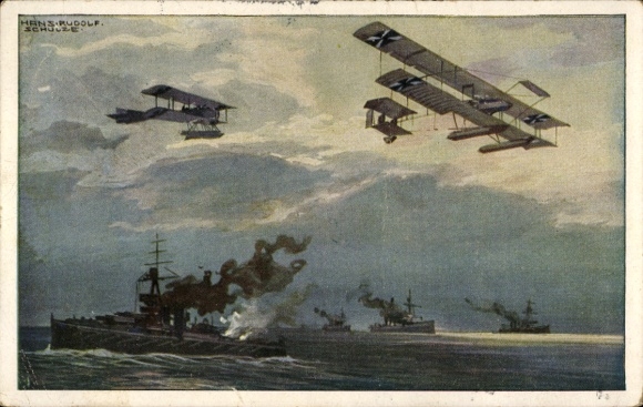 Artist Postcard Schulze, Hans Rudolf, Seaplanes over the English Fleet, World War I