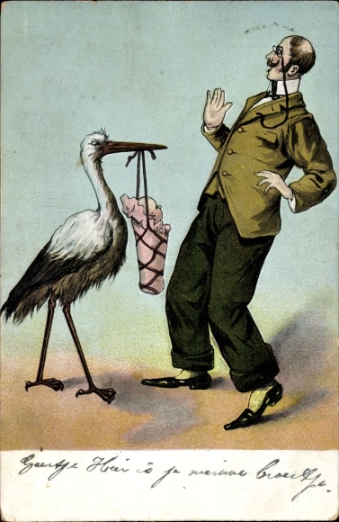 Postcard stork with baby, surprised father