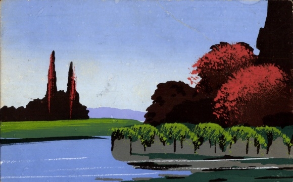 Hand-painted Postcard River, Trees