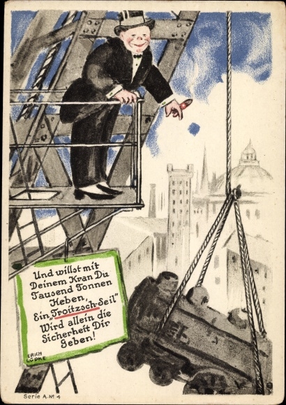Artist PC Lüdke, E., Berlin Tempelhof, rope and cable works F. Troitzsch, crane, locomotive