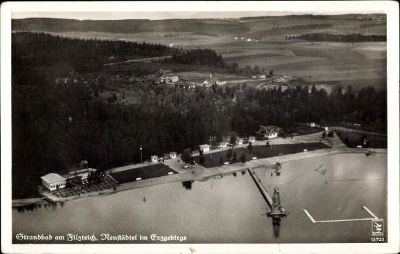 Postcard Neustädtel Schneeberg in the Ore Mountains, mountain lake Filzteich, beach, aerial photograph