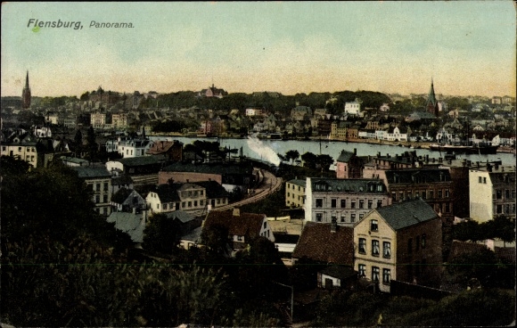 Postcard Flensburg, panorama, river, houses, railway