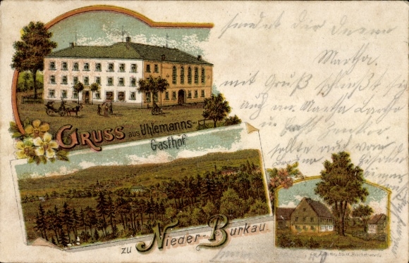 Chromo-Litho Burkau in Saxony, general view, Gasthof Nieder-Burkau