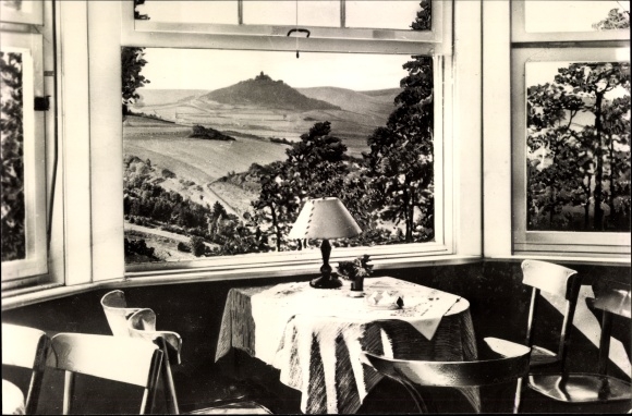 PC Arnstadt Thuringia, HO Gaststätte Berggasthaus Alteburg, view of the Wachsenburg