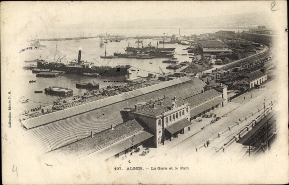Ansichtkaart Algiers Alger Algerije, treinstation, spoorzicht, haven