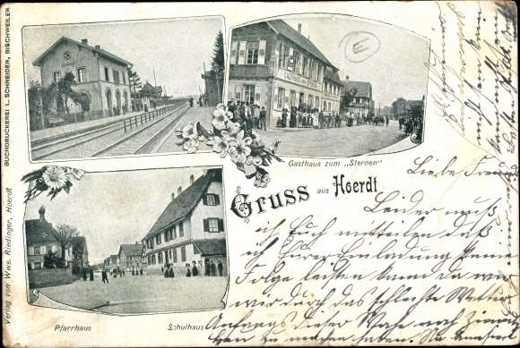 Postcard Hœrdt Hördt Alsace Bas Rhin, train station, inn to the stars, vicarage, schoolhouse