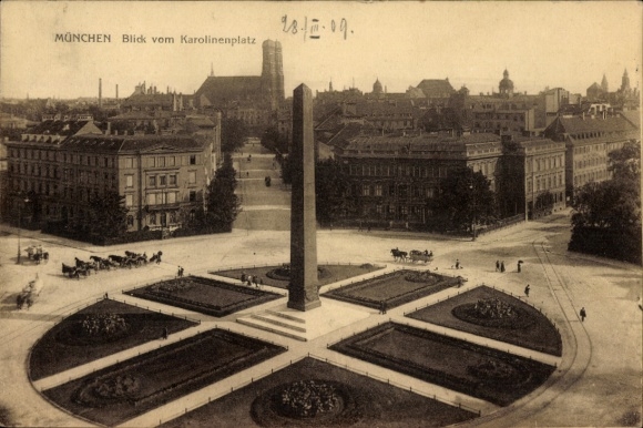Ak München, uitzicht vanaf Karolinenplatz, Frauenkirche, kolom