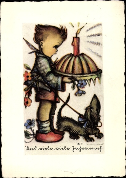 Artist PC Hummel, Berta, no. 4513, And many years to come, boy with dog and cake