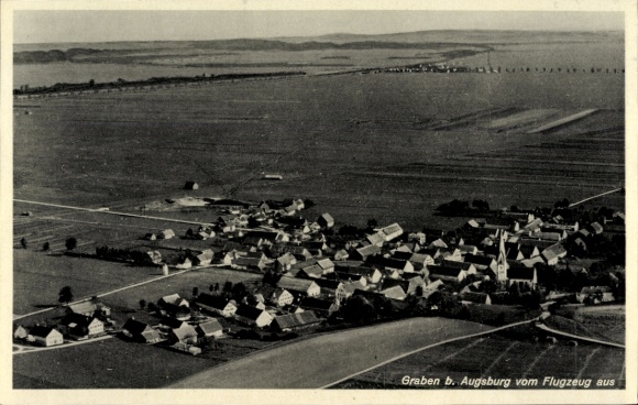 Postcard Graben in Lechfeld Swabia, aerial view of rural surroundings, houses and fields