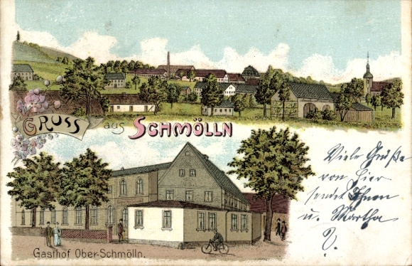 Litho Schmölln in der Oberlausitz, Gesamtansicht, Gasthaus Ober-Schmölln