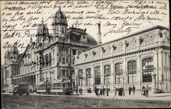 Postcard Budapest Hungary, Western Railway Station, tram