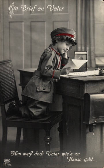 Postcard boy in uniform, letter to father, Now father knows how things are at home