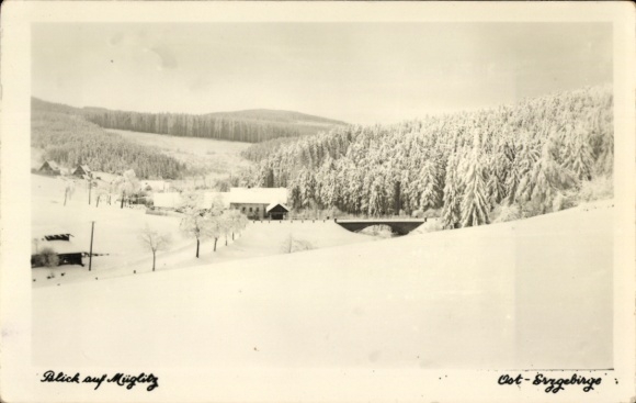 Postcard Müglitz Lauenstein in the Müglitztal Altenberg, snow landscape, forest, building, bridge, rural