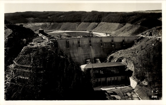 Postcard Saale Orla Kreis, construction of the Bleiloch Dam, dam wall and power house