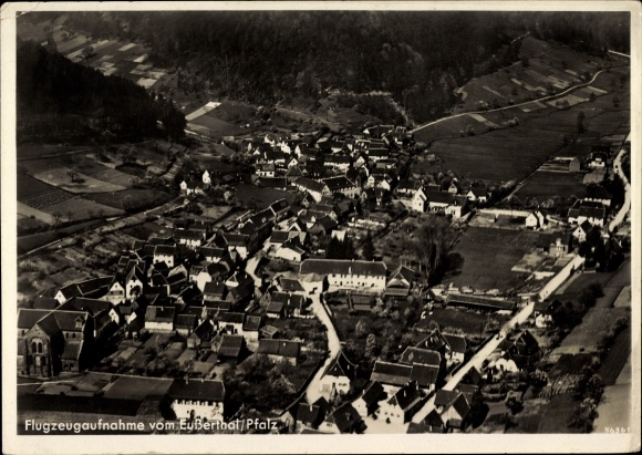 Postcard Eusserthal district Südliche Weinstraße, overall view of the village, fields, aerial photograph