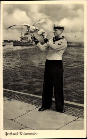PC Greetings from Eckernförde, sailor hands over a letter to a seagull, warship, Navy