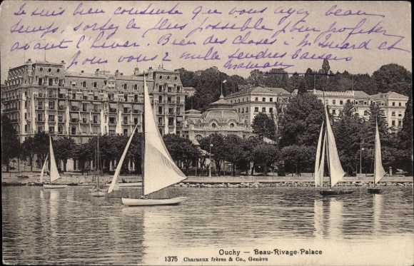Ak Ouchy Lausanne Kanton Waadt, Segelboote, Beau-Rivage-Palace,  Genf