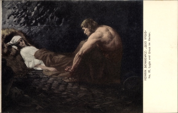 Artist Postcard Stachiewicz, Piotr, Henryk Sienkiewicz, Quo Vadis, Lygia und Ursus im Kerker