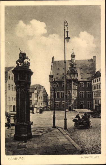 Postcard Marburg an der Lahn, market square in statue, building