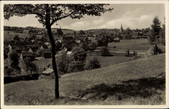 Postcard Großbreitenbach in Thuringia, landscape photo, small houses, church, trees