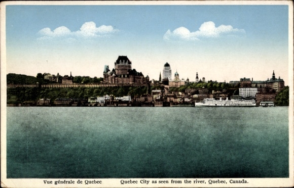 Postcard Quebec Canada, Montmorency River, panoramic view of city view from the river, architecture