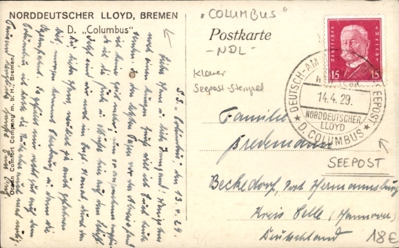 Postcard Norddeutscher Lloyd Bremen, steamer Columbus, view starboard