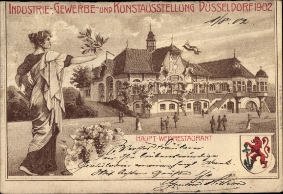 Coat of arms litho Düsseldorf am Rhein, trade exhibition 1902, main wine restaurant