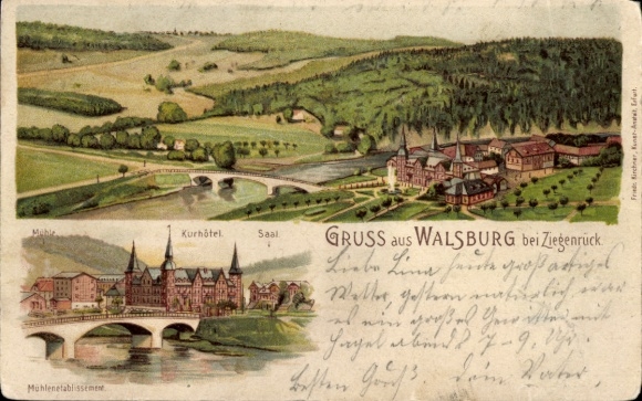 Chromo-Litho Walsburg Eßbach in Thuringia, panorama, spa hotel, mill establishment
