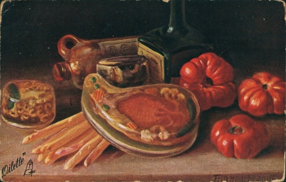 Kunstenaarskaart Hildebrandt, F., voedsel, tomaten, asperges, kruik, kruiden