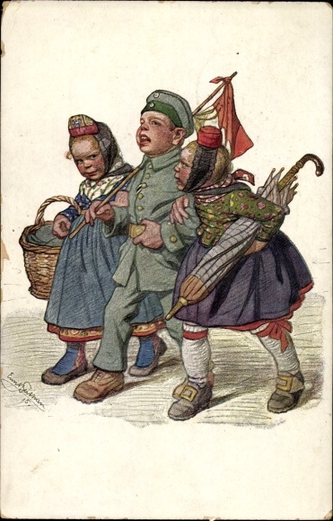 Artist PC Beithan, Emil, girls in Hessian traditional costumes, soldier in uniform