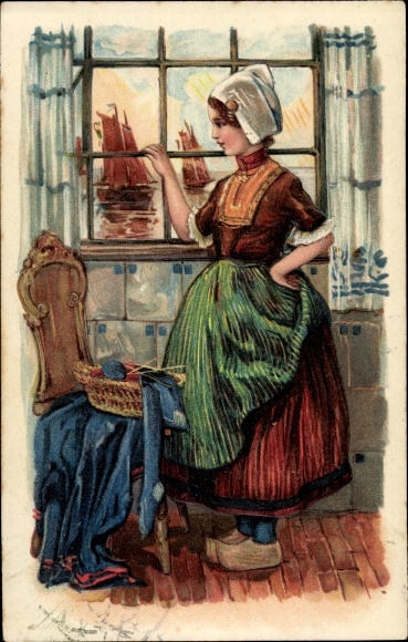 Embossed Postcard woman in Dutch costume, crochet yarn