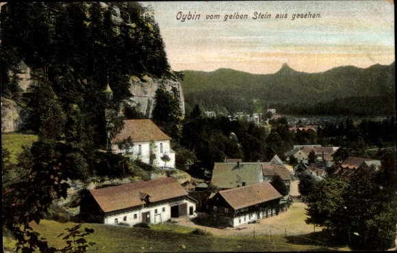 Ak Oybin in der Oberlausitz,  Blick vom gelben Stein, Berglandschaft,  Architektur