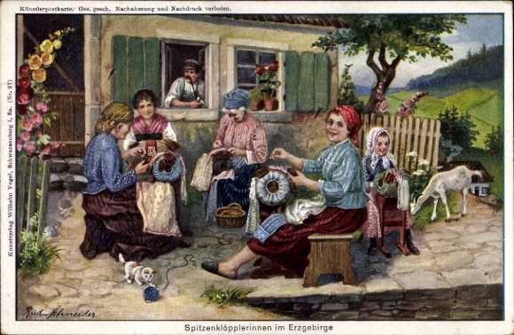 Artist Postcard Schneider, Rud., Lacemakers in the Ore Mountains, Goat