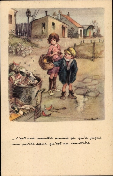 Artist Postcard Poulbot, Francisque, children, trash can, flies