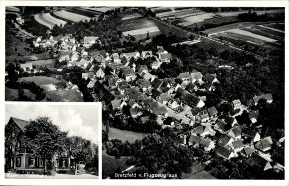 Postcard Bretzfeld in Württemberg, aerial view of Gasthaus z. Eisenbahn, fine drinks, beautiful