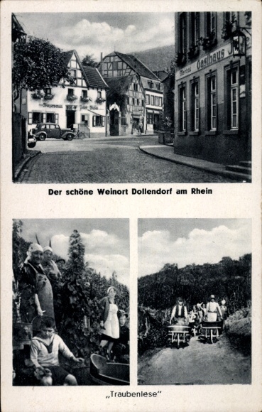 Postcard Dollendorf Königswinter am Rhein, street scene, inn, grape harvest