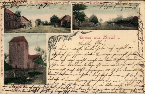 Ak Breddin in der Prignitz, Ansicht von  Kirche, Dorfstraße, Verlag von Max Clemenz