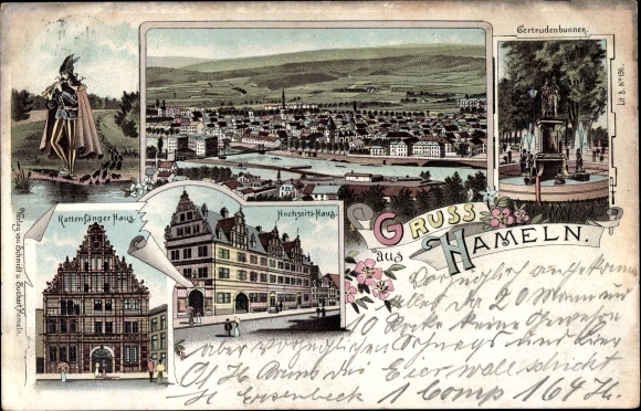 litho Hameln in Nedersaksen, rattenvanger, trouwhuis, Gertrudenbrunnen, rattenvangerhuis